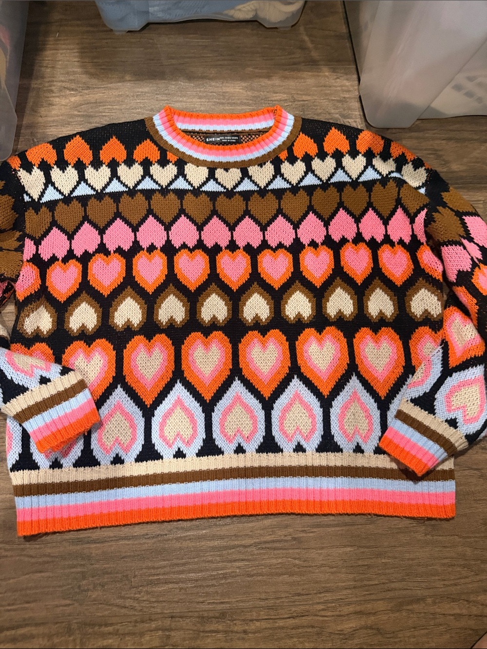 Shein Heart Pattern Crewneck Sweater in Pink, Orange, Brown - Women's